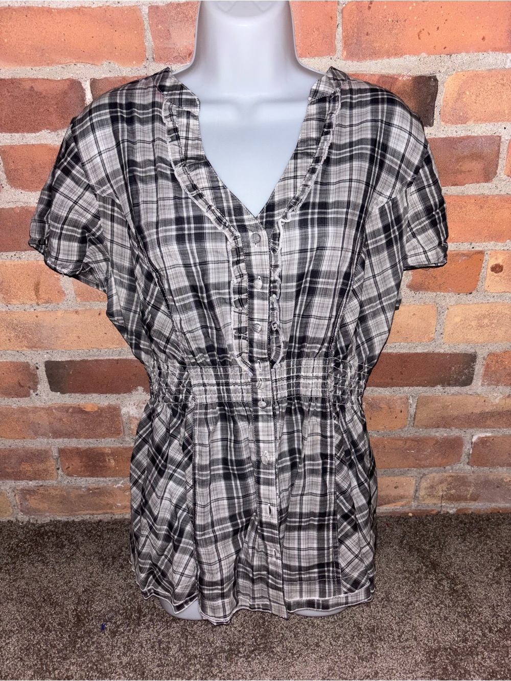 Torrid Women's Black & White Flannel Button Up Babydoll Top with Elastic Waist